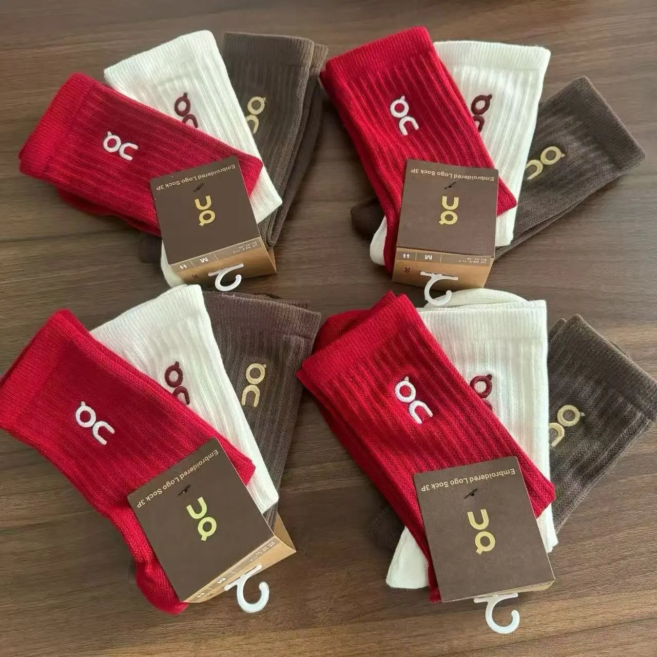 Design OC Embroidered Logo Socks 3-Pack Red White Brown Socks - 2