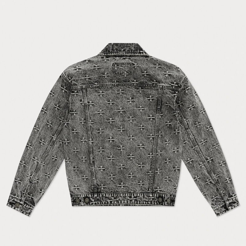 SMF Black Denim Jacket with Embroidered Floral Motif - 7