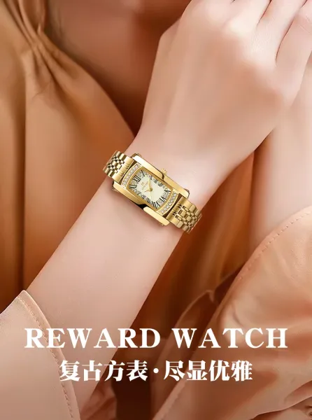 Design Reward Rectangular Crystal-Embellished Gold Tone Watch Watches - 3