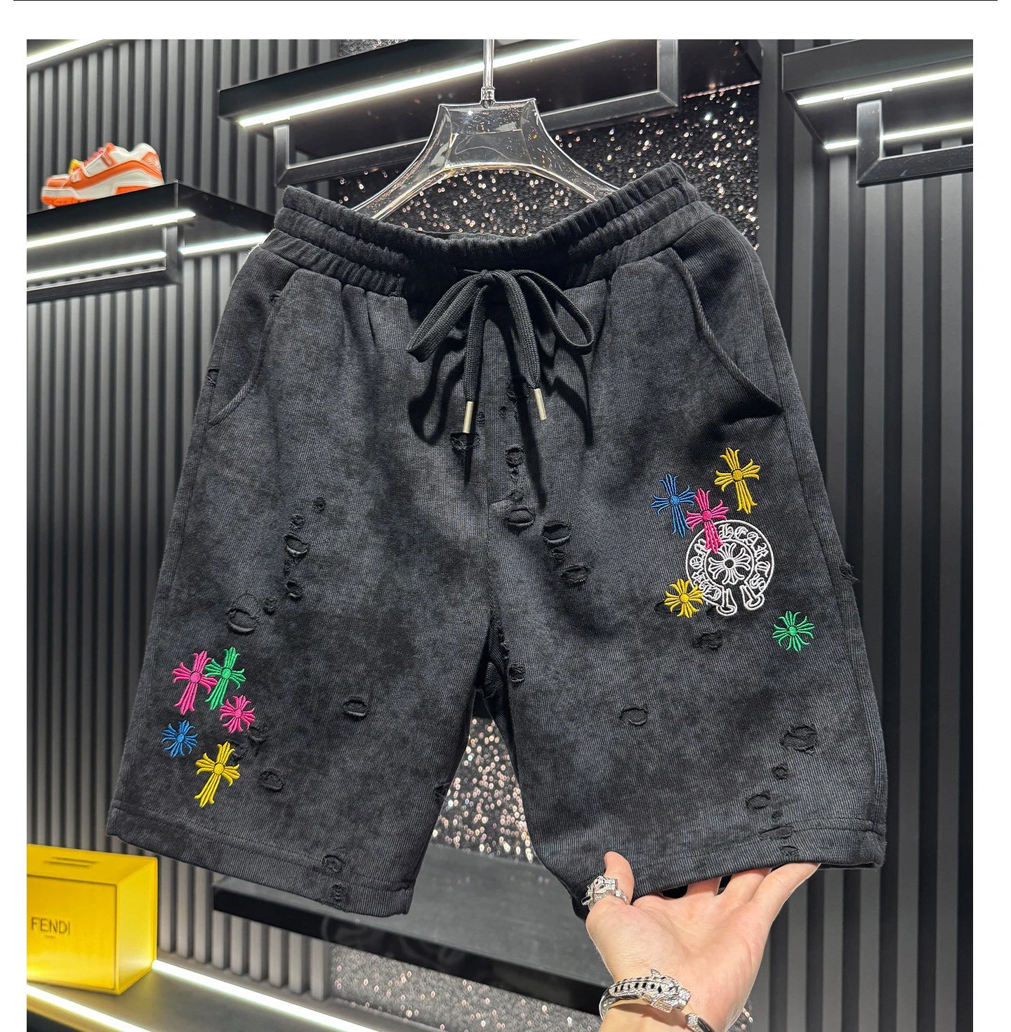 Chrome Hearts x Custom Embroidered Distressed Corduroy Shorts Black - 9