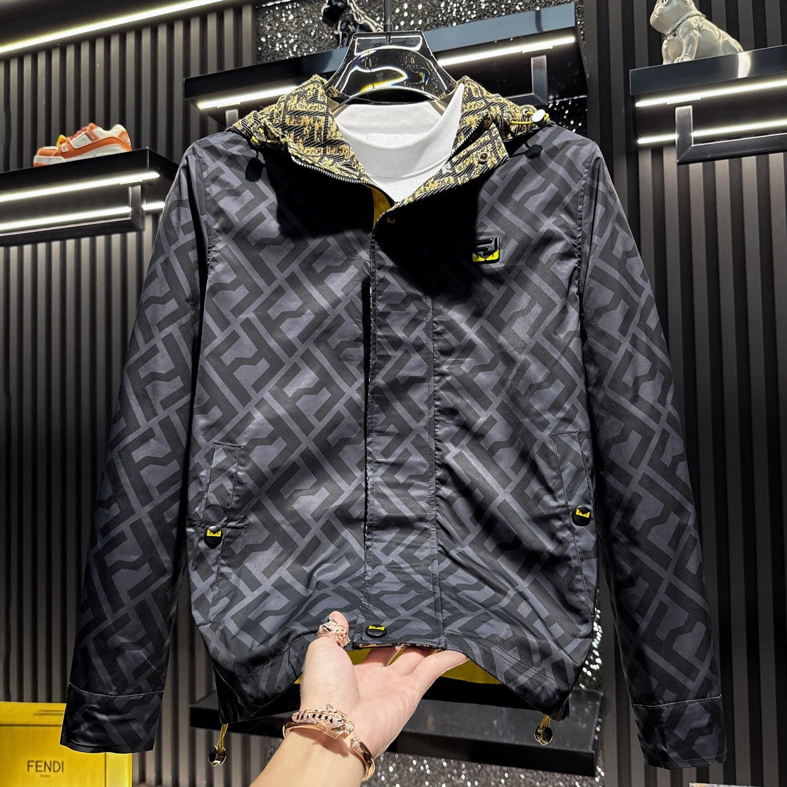 Fendi FF Monogram Windbreaker Jacket Black / Gold