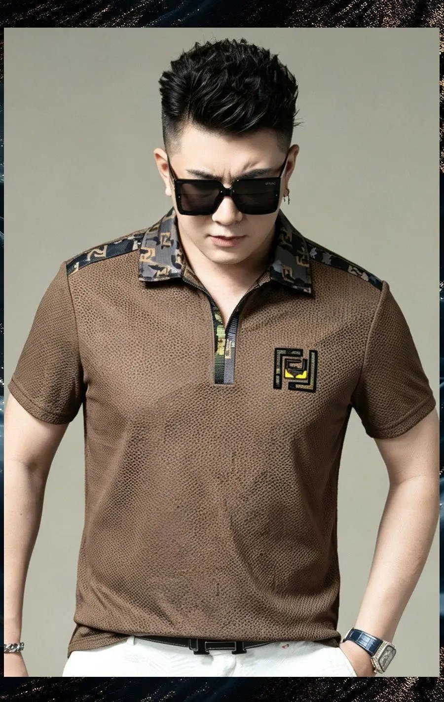 Fendi Logo-Embellished Camo-Shoulder Polo Black Polo Shirt - 10