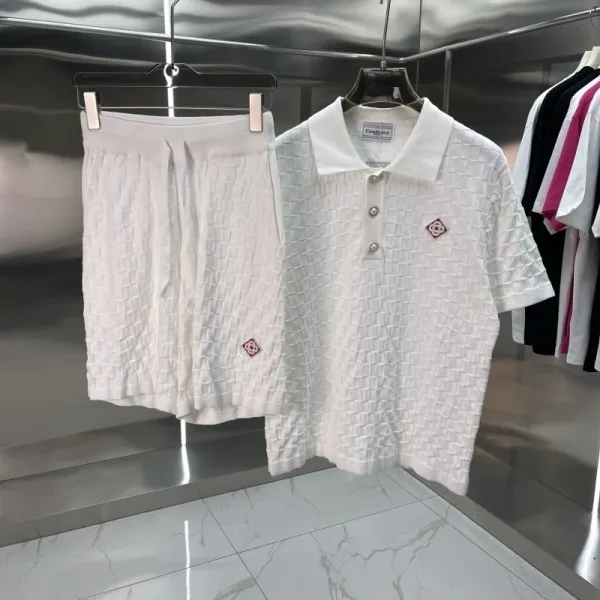 Casablanca Knit Polo and Shorts Set White Navy Striped - 9