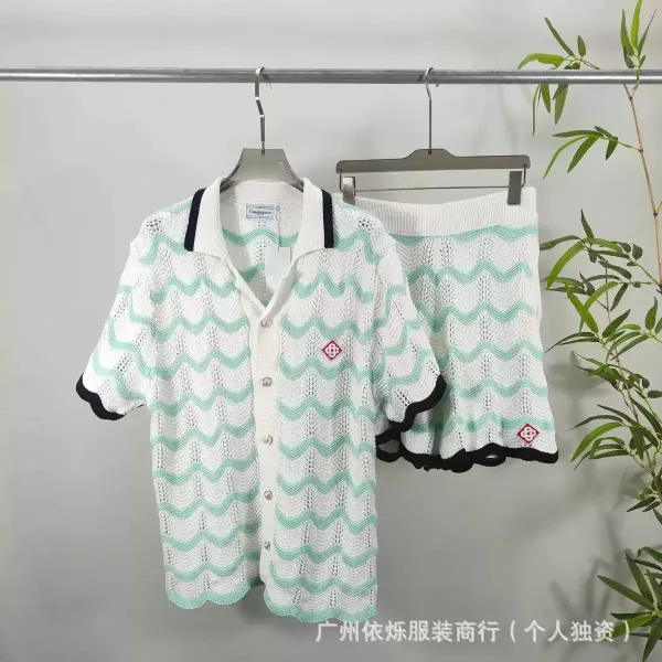 Casablanca Knit Wave Pattern Polo Shirt and Shorts Set Mint Green White - 1