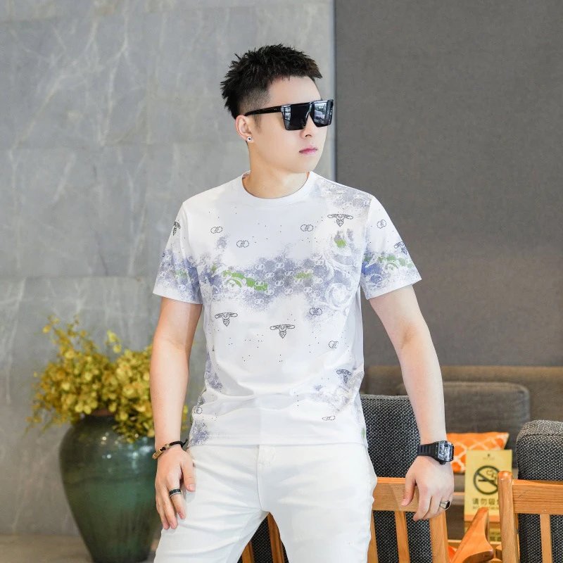 Design Graphic Print Black T-Shirt with Floral Pattern and White Embroidered Pants - 9