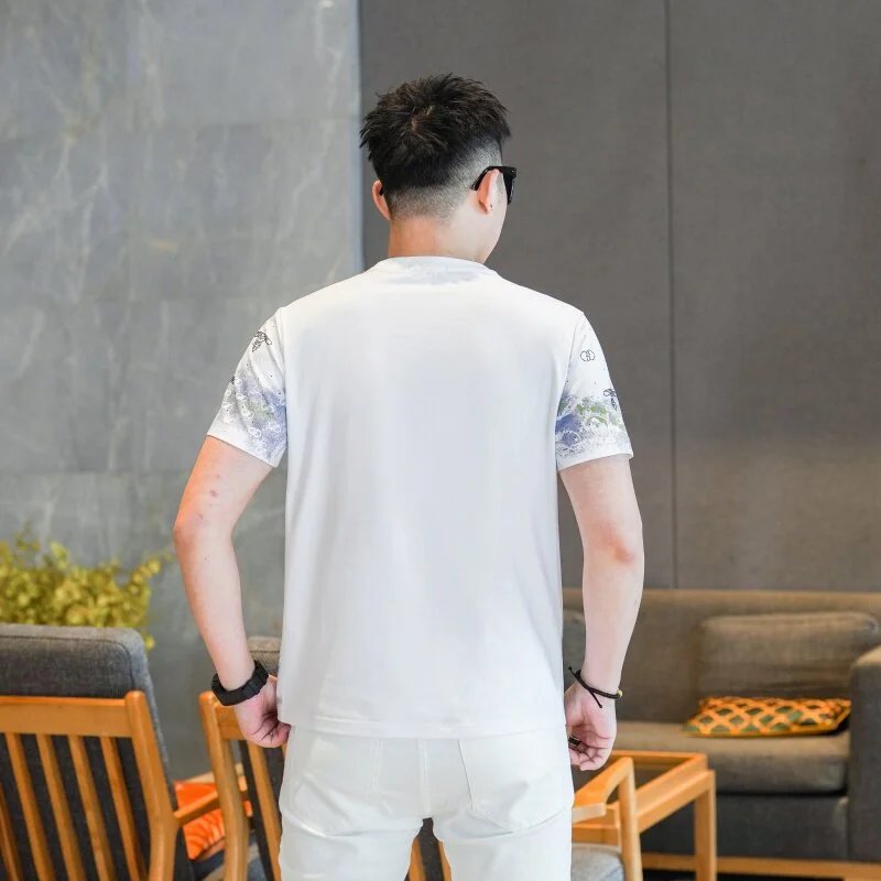 Design Graphic Print Black T-Shirt with Floral Pattern and White Embroidered Pants - 14
