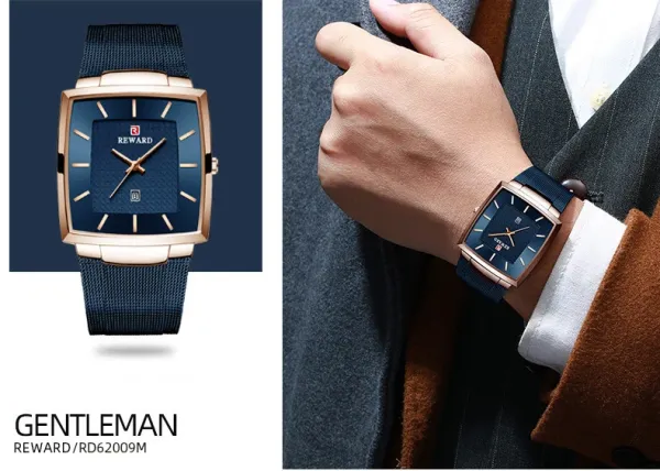 Design Reward Square Case Blue Dial Rose Gold Watch Watches - 5