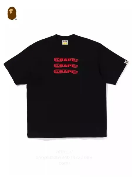 A Bathing Ape Triple Logo Red Print Black T-Shirt - 1