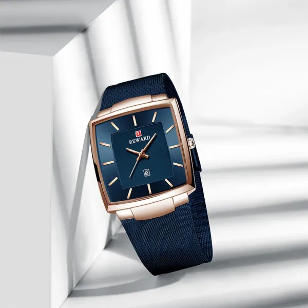 Design Reward Square Case Blue Dial Rose Gold Watch Watches - 10