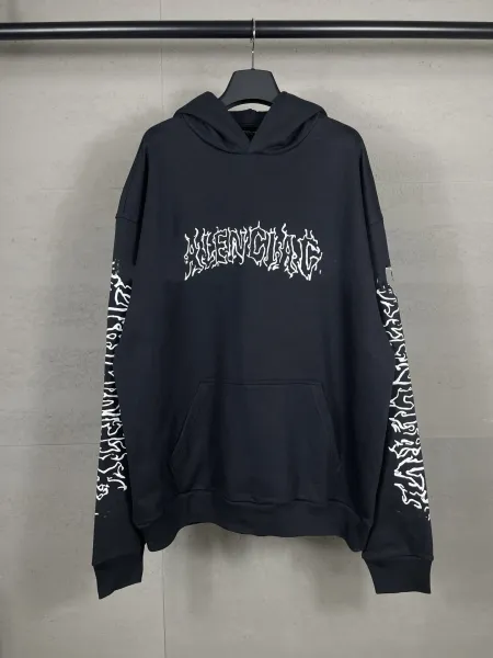 Balenciaga Distressed Logo Hoodie Black - 13