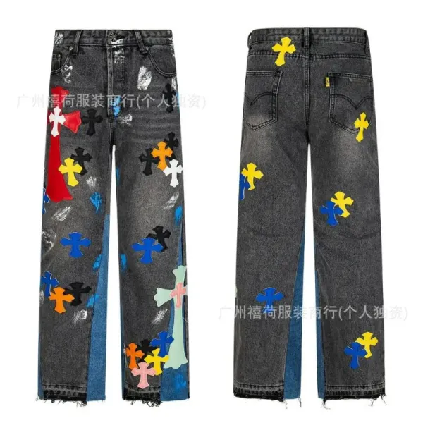 Design Cross Motif Wide-Leg Distressed Jeans Multicolor - 1