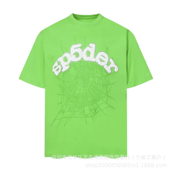 SP5DER Spider Web Rhinestone Graphic T-Shirt Neon Green - 1
