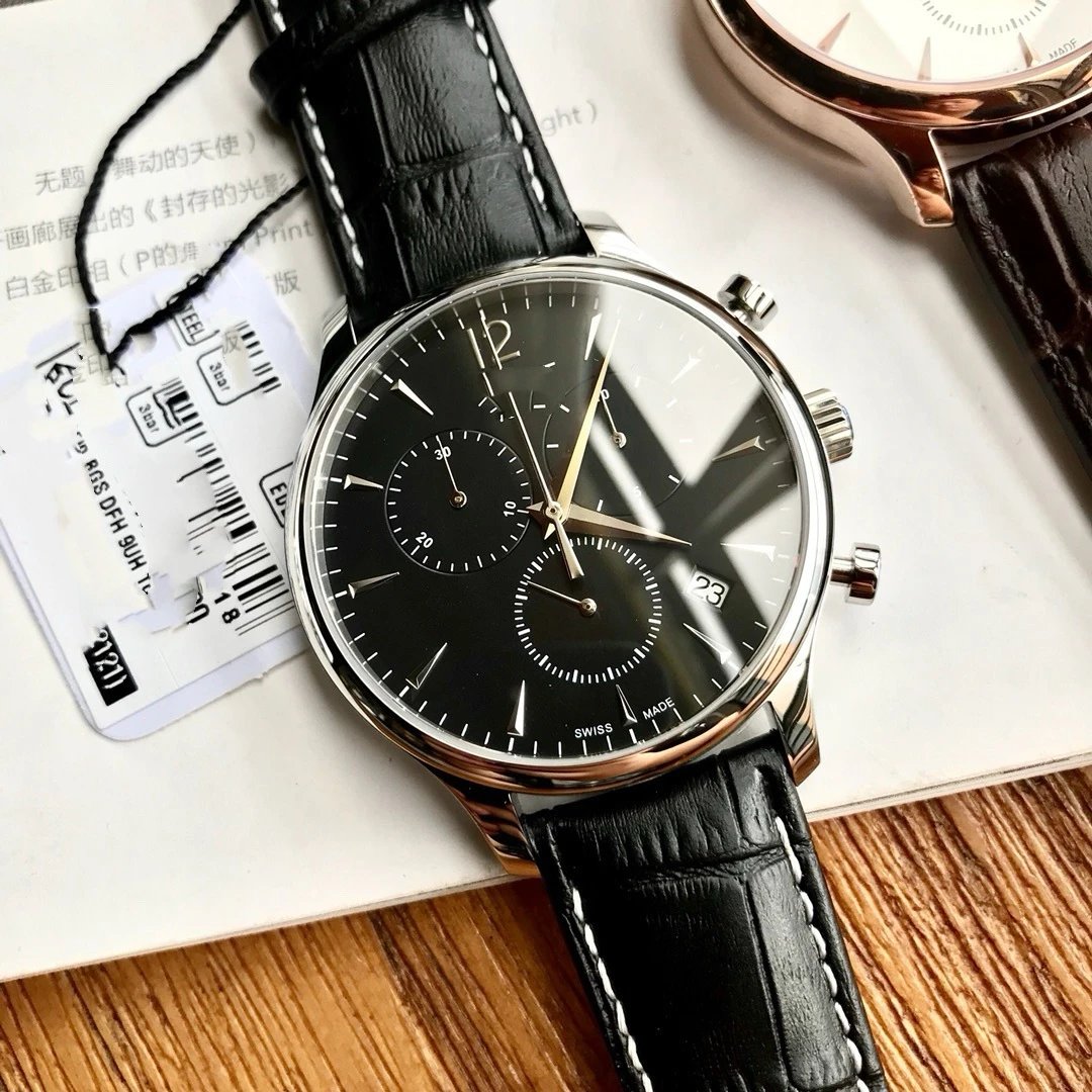 Design Chronograph Watch Black Dial Silver Case Leather Strap Mechanical Watch Watches