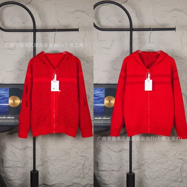 Design Red Hooded Zip-Up Sweater with Monogram Pattern Hoodie - 1