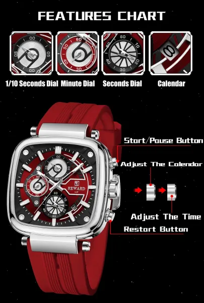 Design Reward VIP Chronograph Black Rubber Strap Watch Watches - 8