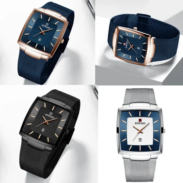 Design Reward Square Case Blue Dial Rose Gold Watch Watches - 9