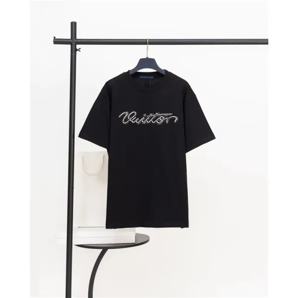 Louis Vuitton Script Logo Embellished Black T-Shirt - 1