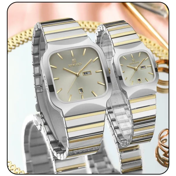 Design Reward Square Dial Two-Tone Stainless Steel Watch with Date and Day Display Watches - 8