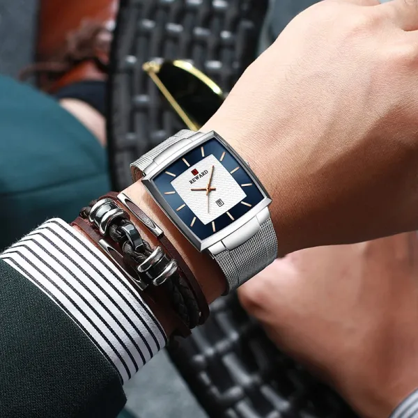 Design Reward Square Case Blue Dial Rose Gold Watch Watches - 12