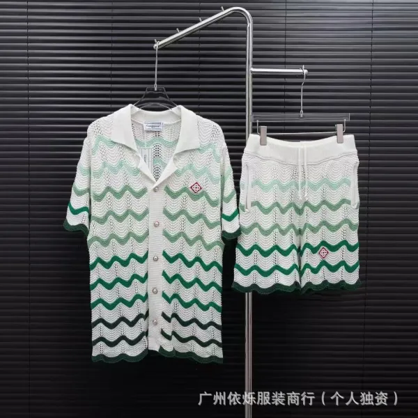 Casablanca Knit Wave Pattern Cardigan and Shorts Set Green White - 1