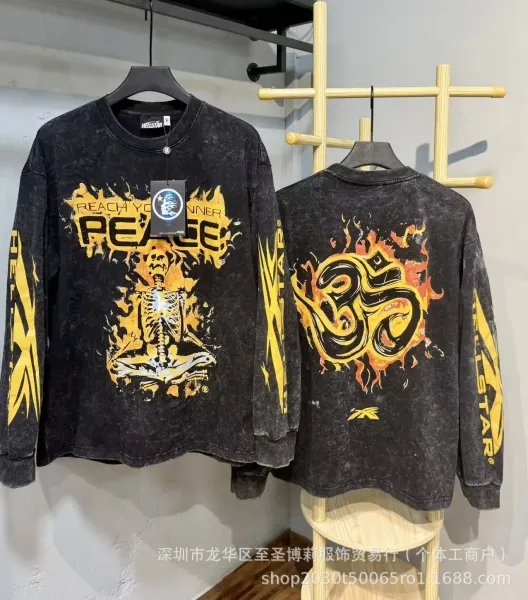 Hellstar Reach Your Inner Peace Long Sleeve T-Shirt Black Flame Print - 1