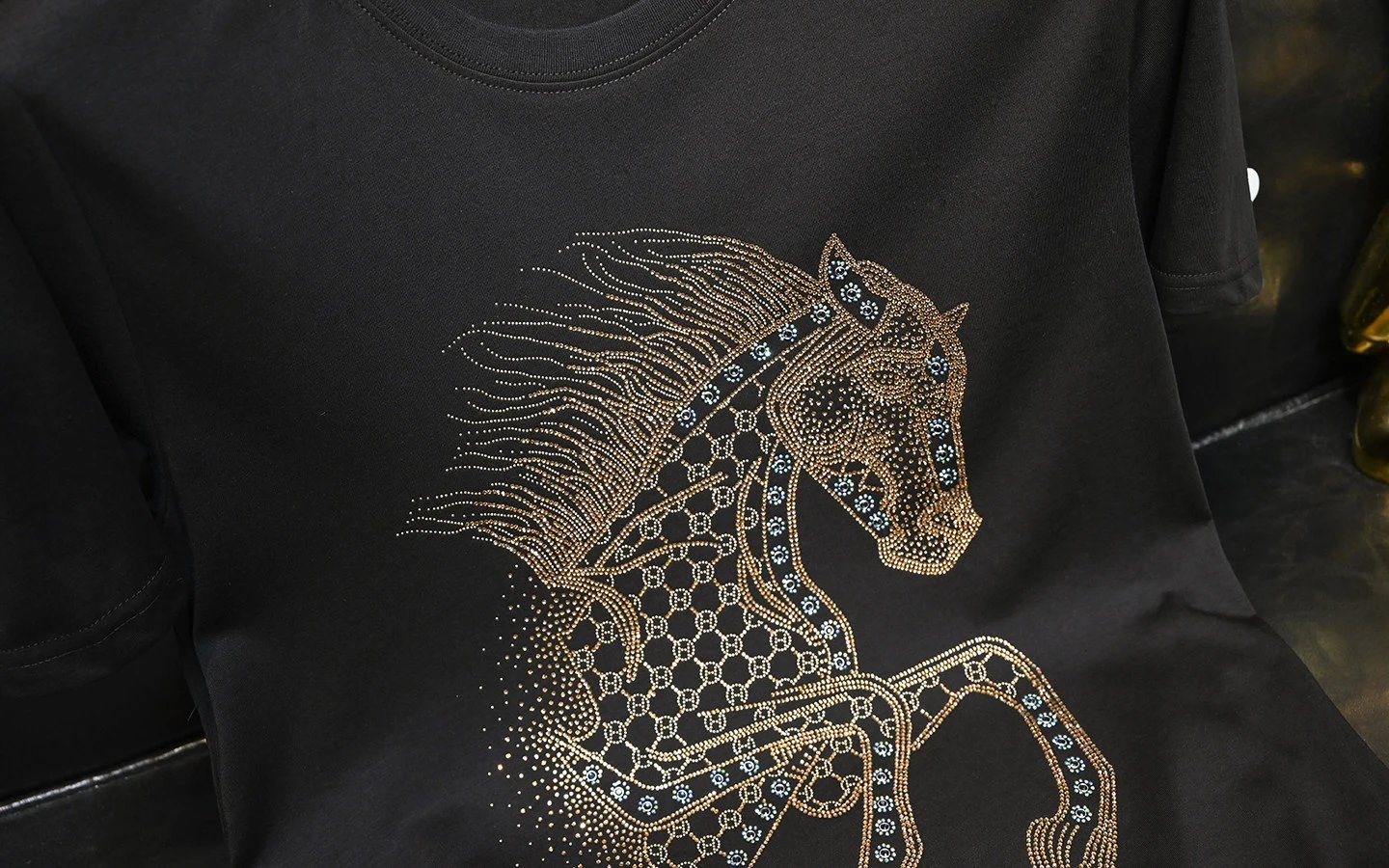 Design Horse Rhinestone Embroidery Royal Blue T-Shirt - 15