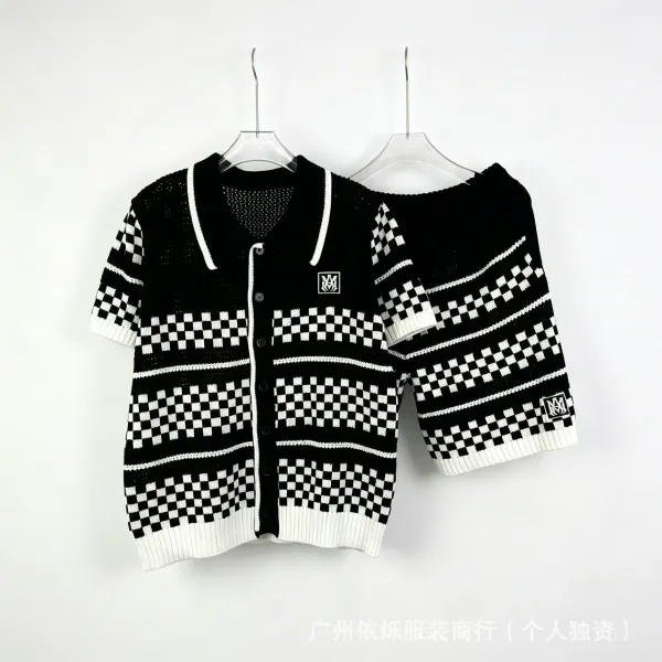 Design Checkerboard Knit Cardigan and Shorts Set Black / White - 1