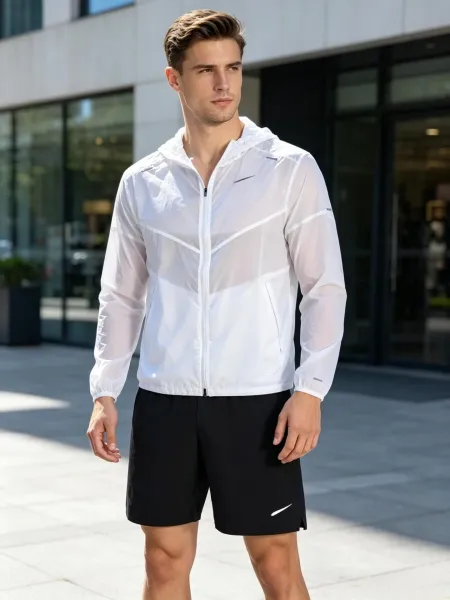 Nike Windrunner Hooded Jacket White + Black Shorts Windbreaker - 1