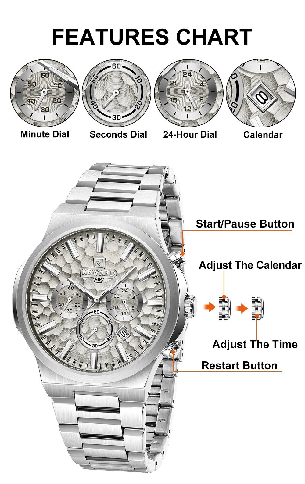 Design Reward VIP Chronograph Black Stainless Steel Watch Watches - 8