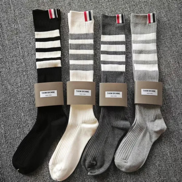 Thom Browne Ribbed Knee-High Socks Gray with Four-Bar Stripe - 7