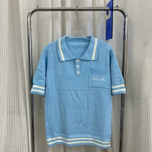 Balenciaga Knit Polo Shirt Light Blue with White Stripes - 1