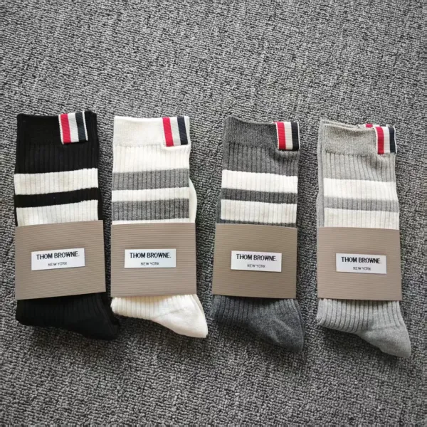 Thom Browne Ribbed Knee-High Socks Gray with Four-Bar Stripe - 4