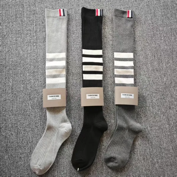 Thom Browne Ribbed Knee-High Socks Gray with Four-Bar Stripe - 9