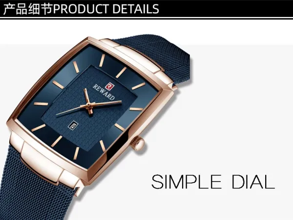 Design Reward Square Case Blue Dial Rose Gold Watch Watches - 8