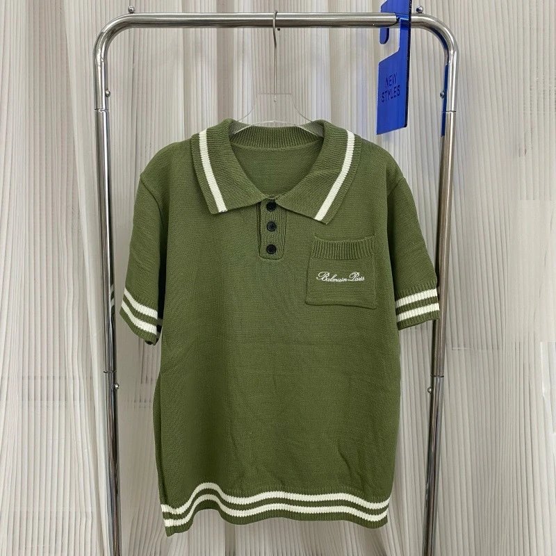 Balmain Polo Knit Olive Green with White Trim Polo Shirt