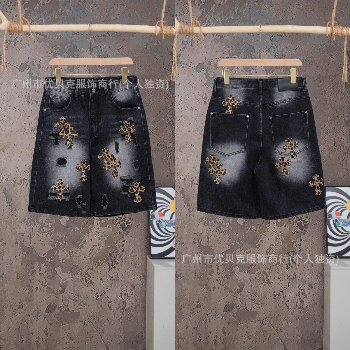 Design Leopard Cross Embroidered Distressed Denim Shorts - 5