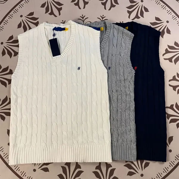 Polo Ralph Lauren Cable Knit V-Neck Vest White Gray Navy Vest Top - 1
