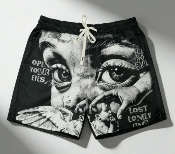 Design Graphic Print Swim Shorts Black Swimwear - 1