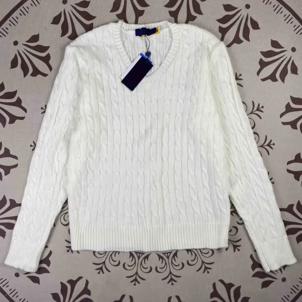 Design Cable Knit V-Neck Sweater White - 8