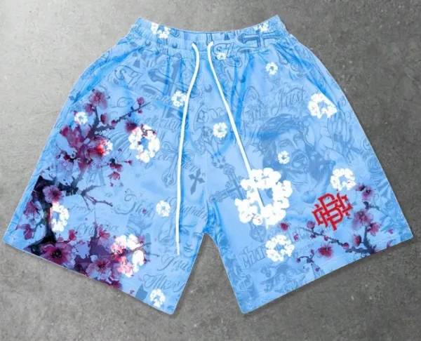 Design Floral Print Drawstring Shorts Blue - 1