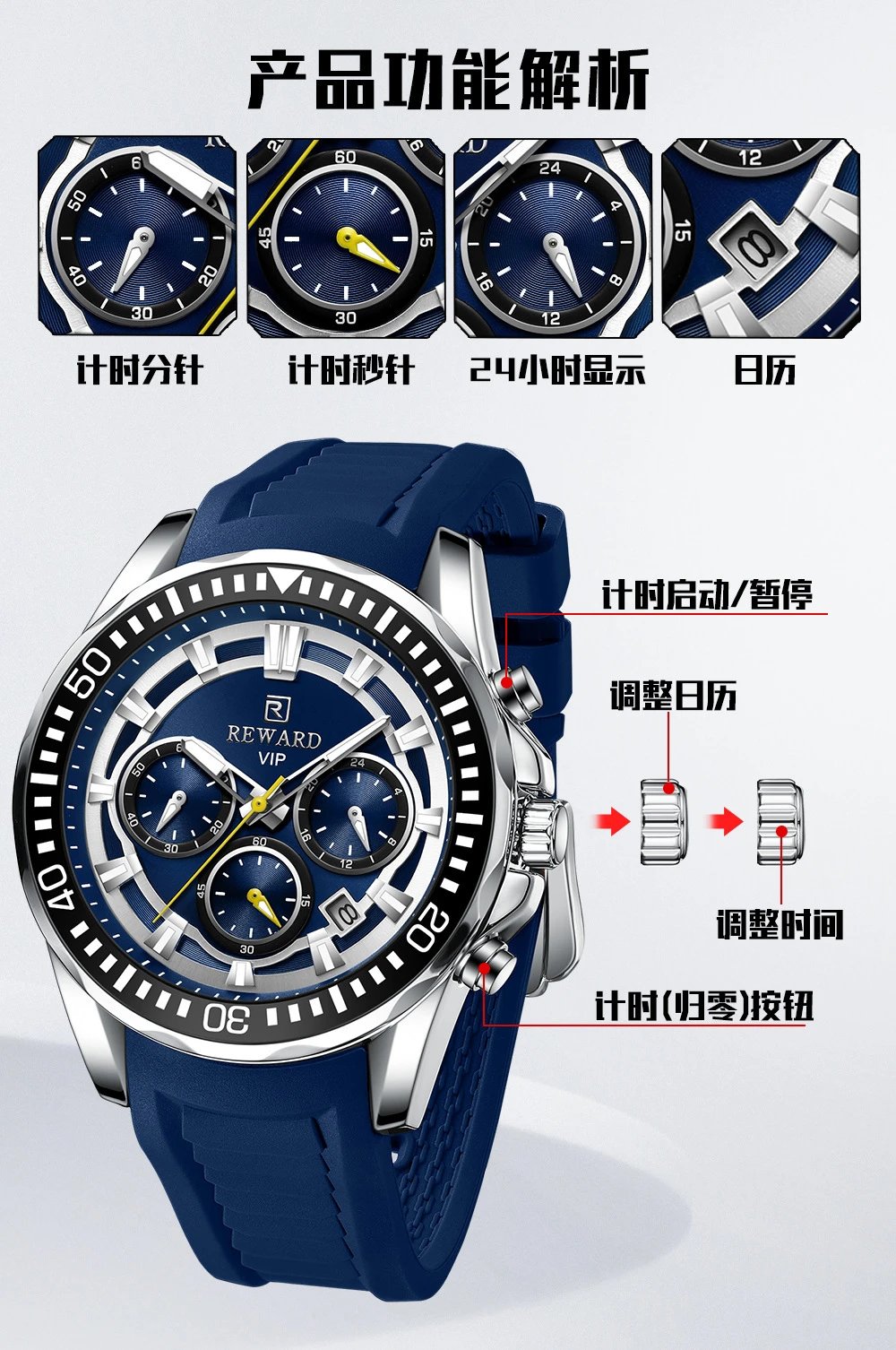 Design Reward VIP Chronograph Black Blue Silicone Watch Watches - 8