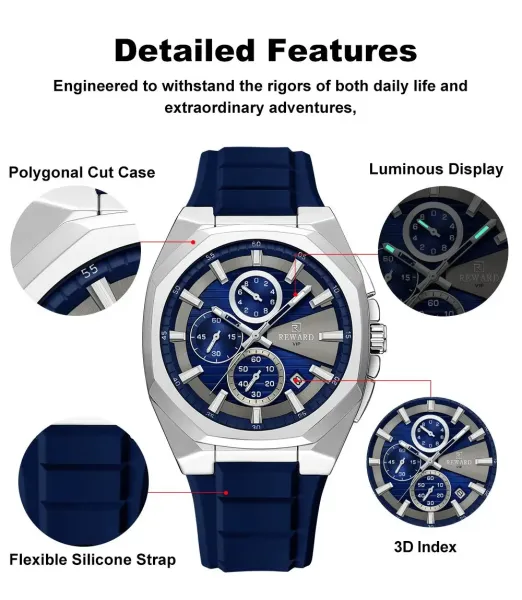 Design Reward VIP Chronograph Blue Silicone Strap Watch Watches - 9