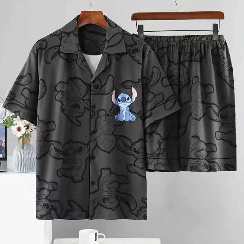Design Stitch Hawaiian Shirt and Shorts Set Gray Multicolor Sleepwear