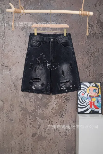 Design Distressed Black Denim Shorts with Cross and Floral Embroidery - 1