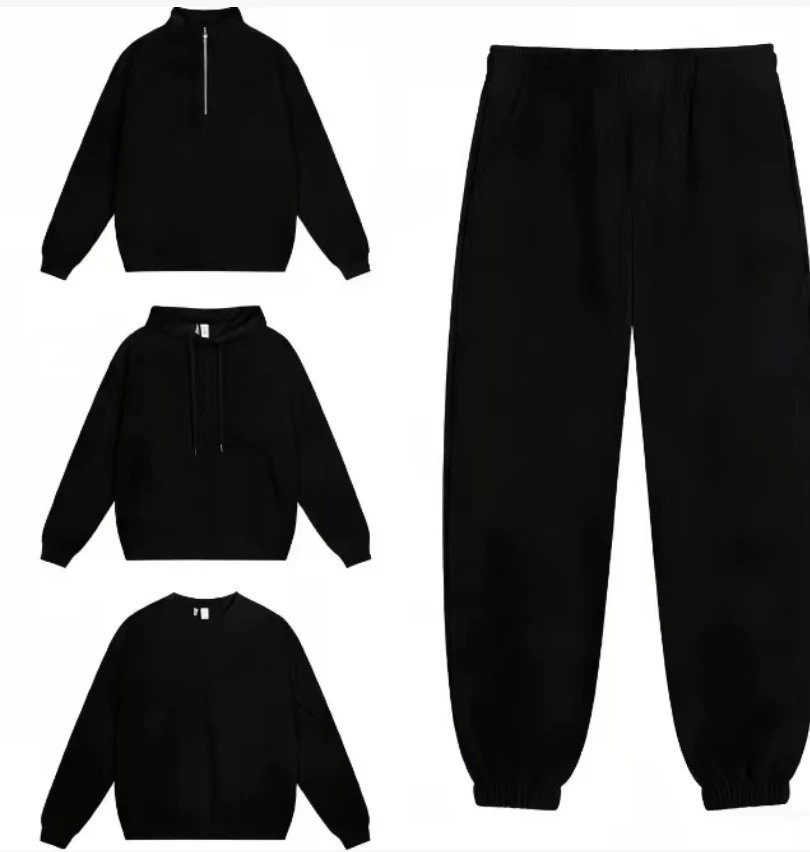Design Minimalist Gray Sweat Set: Half-Zip Pullover, Hoodie, Crewneck Top & Wide-Leg Sweatpants - 2