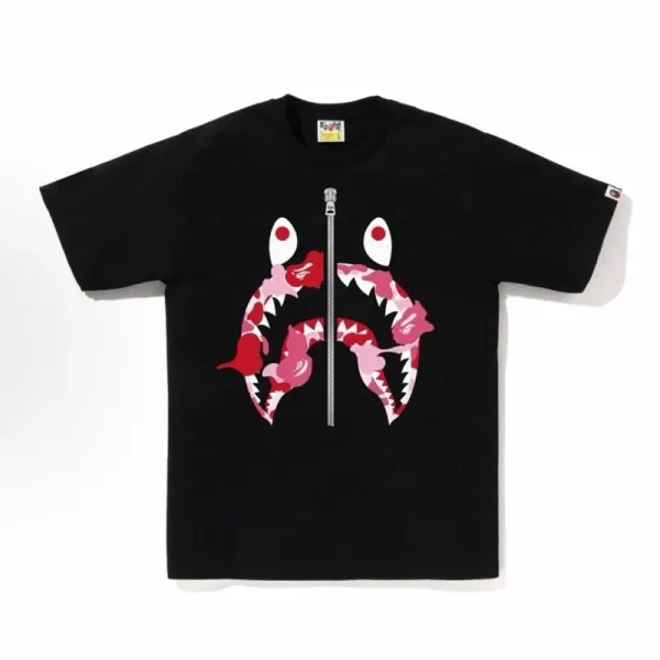 A Bathing Ape Shark Zipper T-Shirt Black Pink Camo - 1