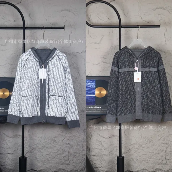Dior Oblique Print Hooded Zip-Up Sweater Gray Multicolor Hoodie - 1