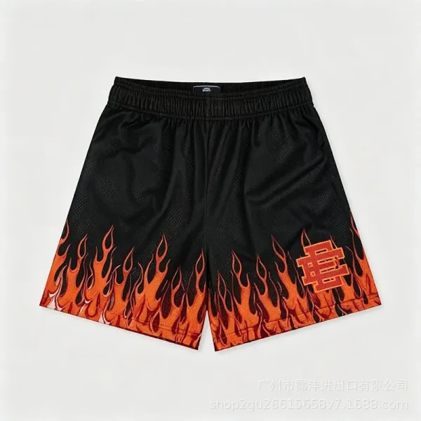 Design Flame Print Mesh Shorts Black Orange - 1