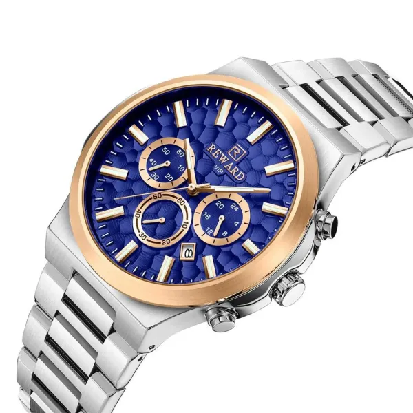 Design Reward VIP Chronograph Blue Dial Gold-Trimmed Stainless Steel Watch Watches - 1