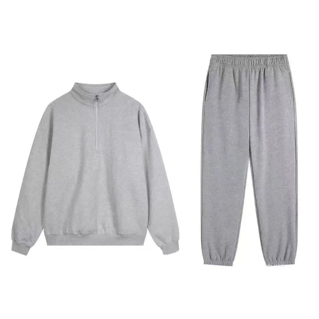 Design Minimalist Gray Sweat Set: Half-Zip Pullover, Hoodie, Crewneck Top & Wide-Leg Sweatpants - 5